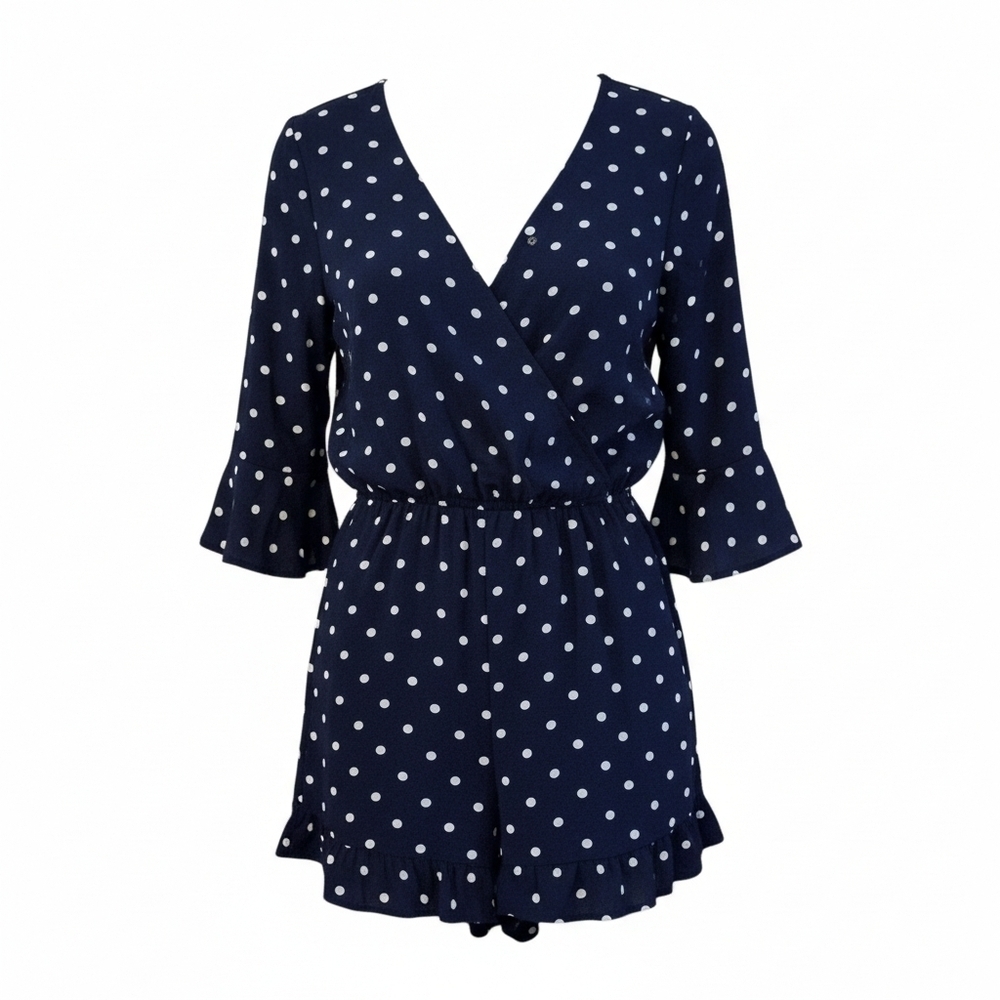 One Clothing Los Angeles Navy Polka Dot Romper Ruffled 3/4 Bell Sleeves Womens M
